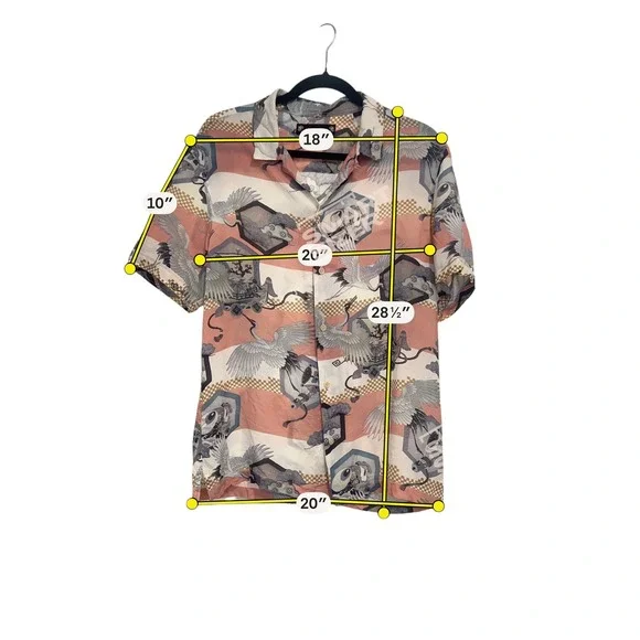 AllSaints Shield Crane Print Viscose Camp Shirt M Pink Japanese Art Aesthetic - Picture 7 of 8